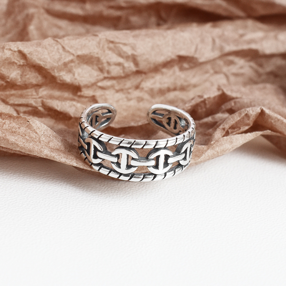 Chic Temperament Cold Wind Jewelry S925 Sterling Silver Retro Heavy Pig Nose Chain Ring