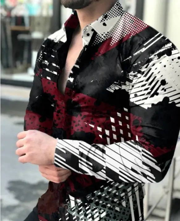 European And American New Men's Gradient Printing Long-sleeved Shirt