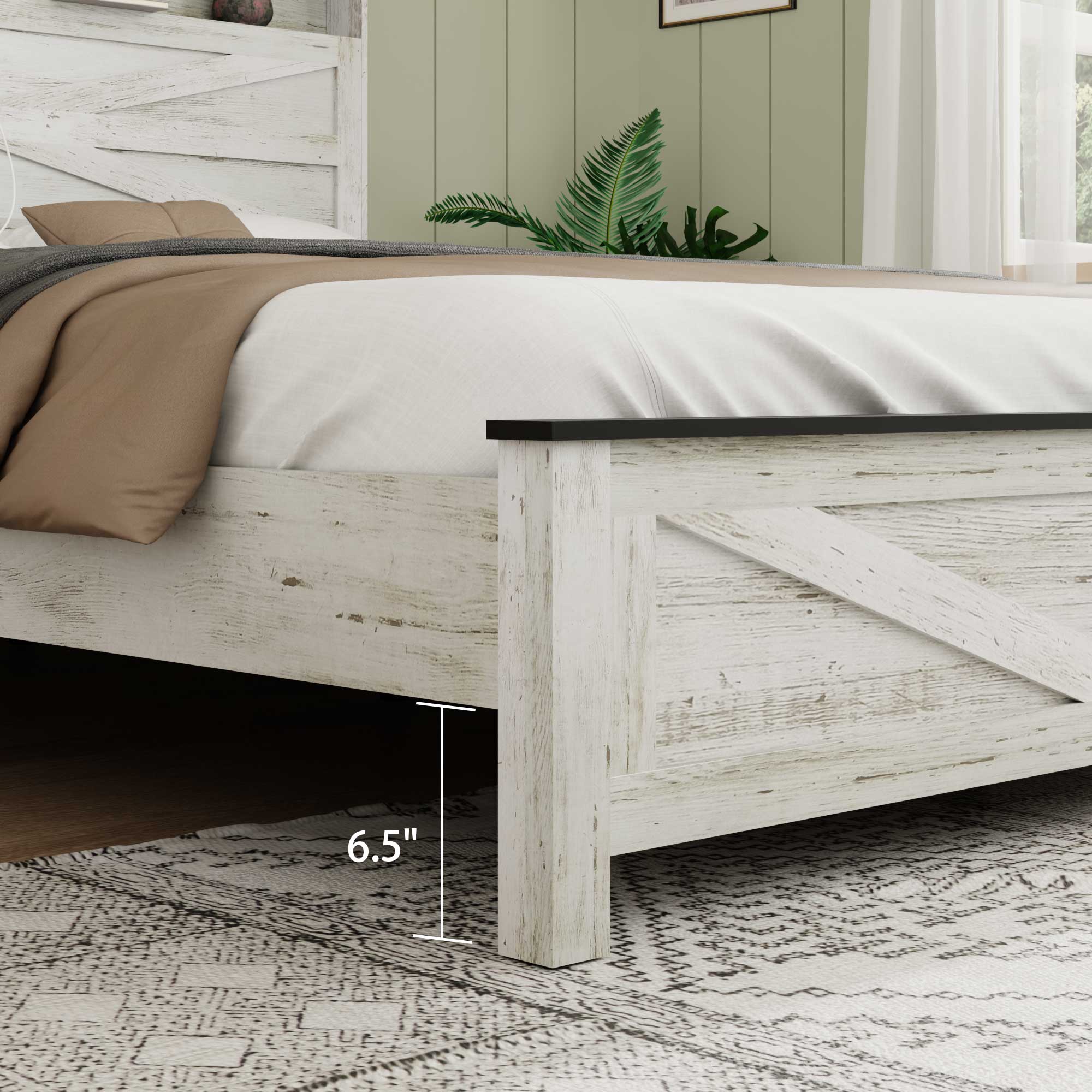 Queen Bed Frame With LED, Charging Station & Hidden Storage, White & Gray — foto 7