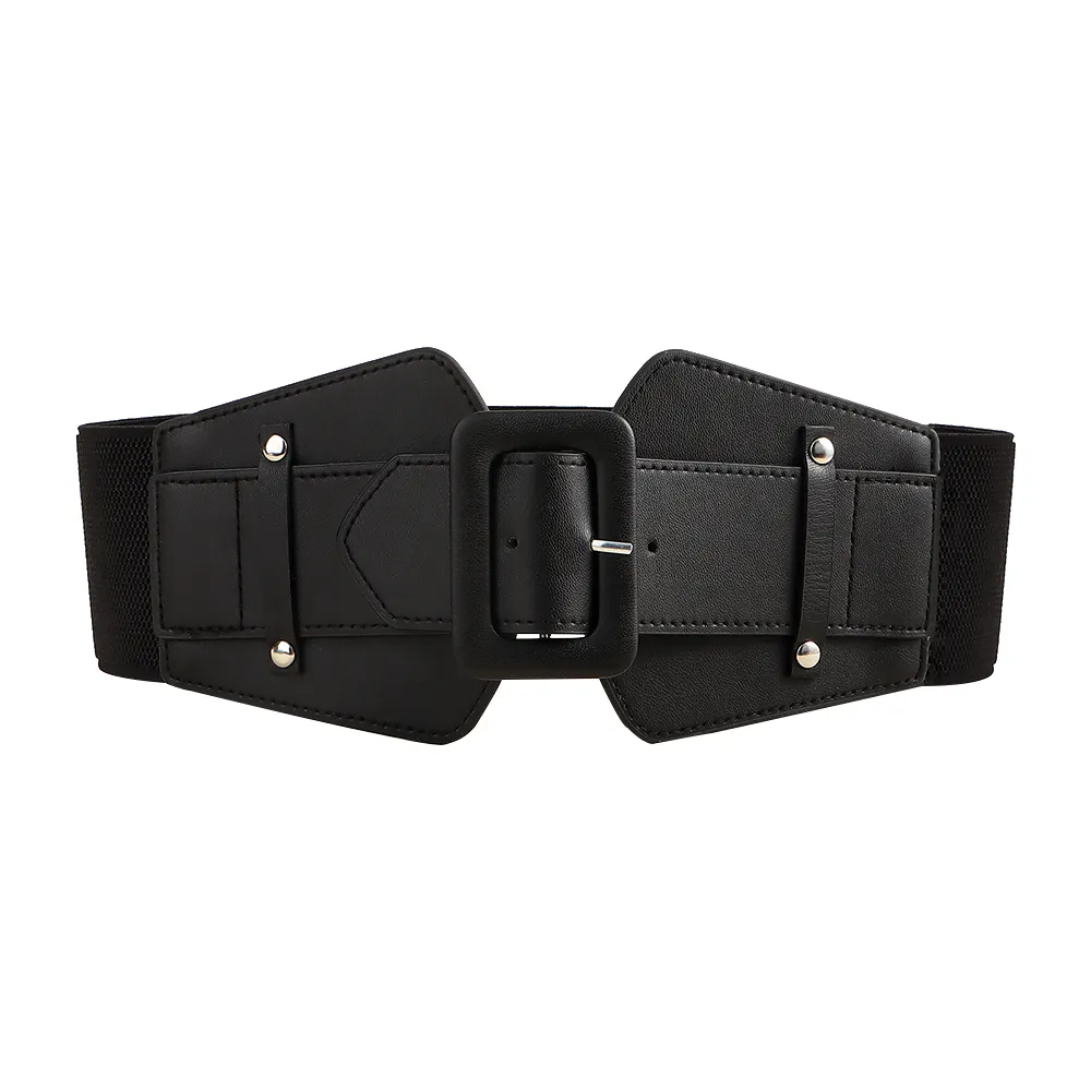 New Women's Punk Retro Black Cool Wide Waist Sealing Elastic Elastic Elastic Needle Buckle 100 Belt With Skirt Corset Waist Belt - Black