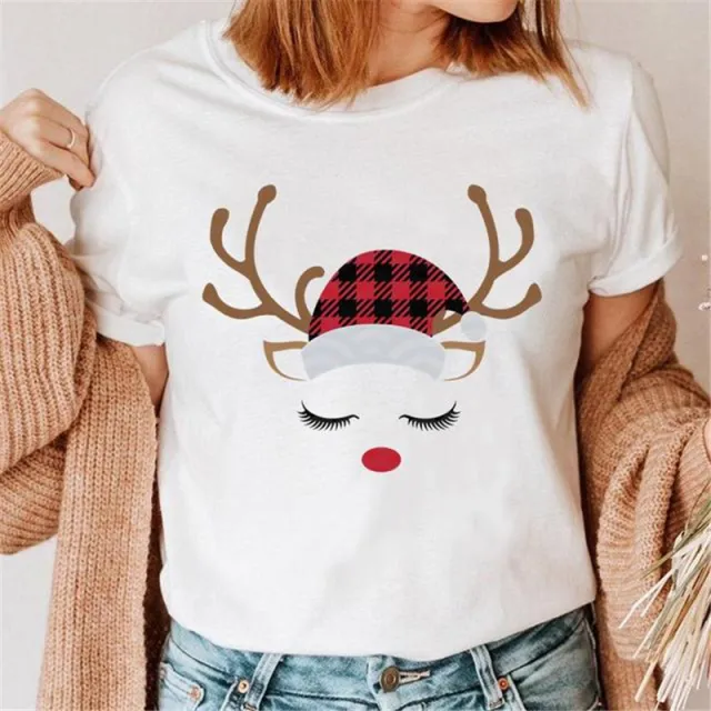 Christmas Red Plaid Leopard Short Sleeves 18657White - Shop at LoveMi