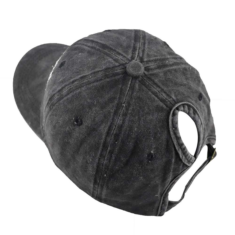 Close up of Boy Mom embroidered front print on grey cotton ponytail baseball cap
