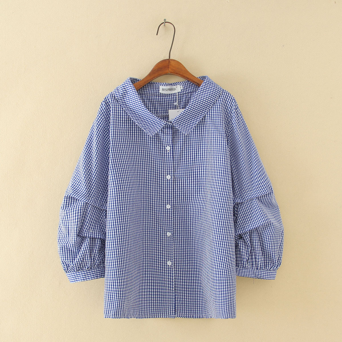 Title 3, Lantern Three-quarter Sleeve Plaid Shirt Top