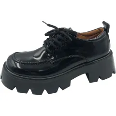 Square Toe Lace-Up Platform Loafers Retro - Black - View 1
