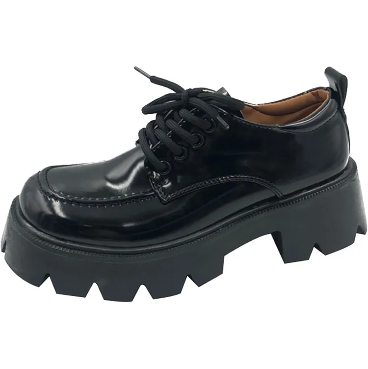 Square Toe Lace-Up Platform Loafers Retro - Black