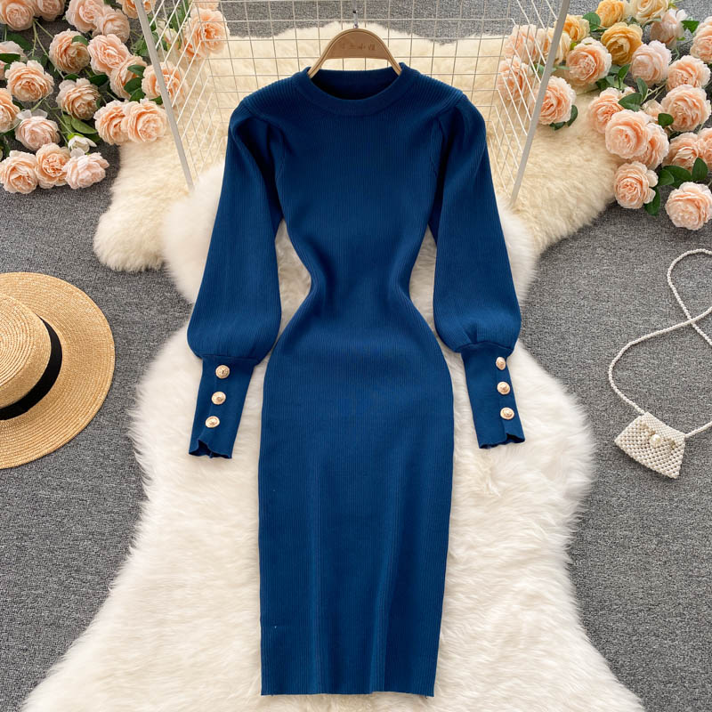 Puff Sleeve Slim Short Stretch Knitted Dress With Waist And Hips