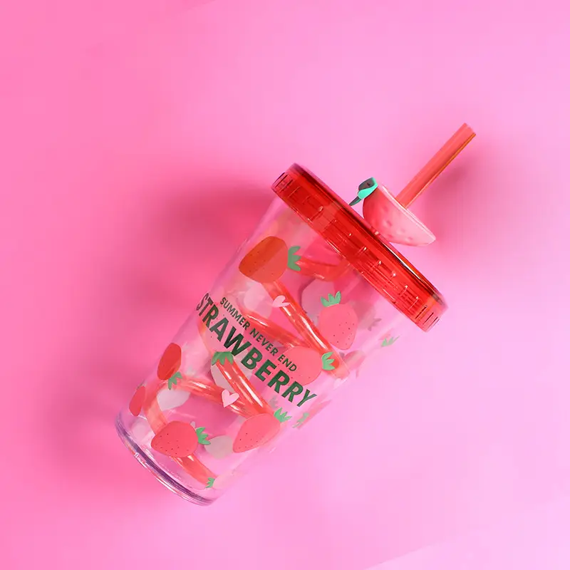 Children's Plastic Swivel Straw Fruit Printing Cup