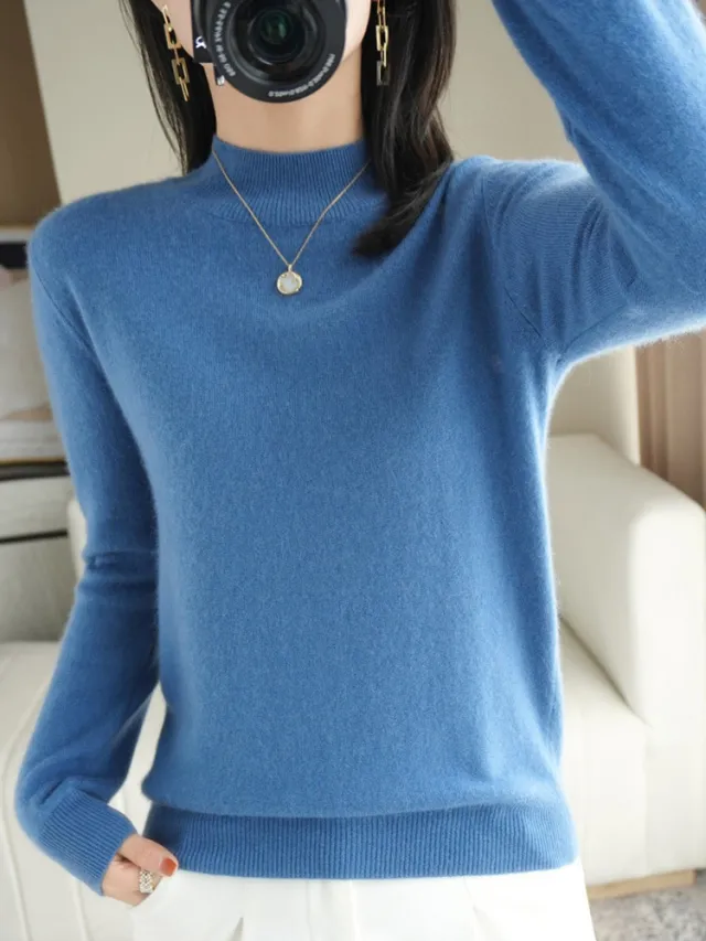 Wool Blend Women's Loose Half Turtleneck Solid Color Light Blue - Shop at LoveMi