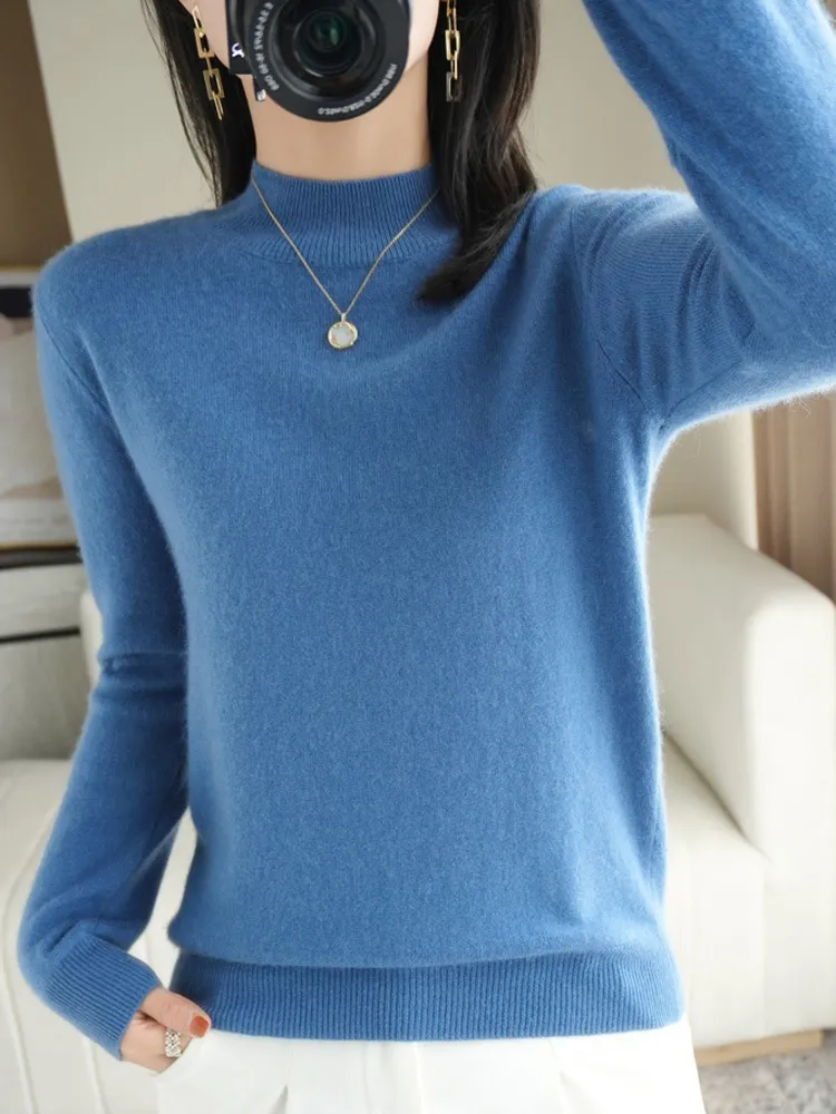 Wool Blend Women's Loose Half Turtleneck Solid Color - Light Blue