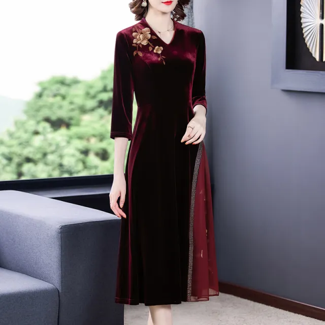 Long Sleeve Gold Velvet Dress High end Western Style Red - Shop at LoveMi