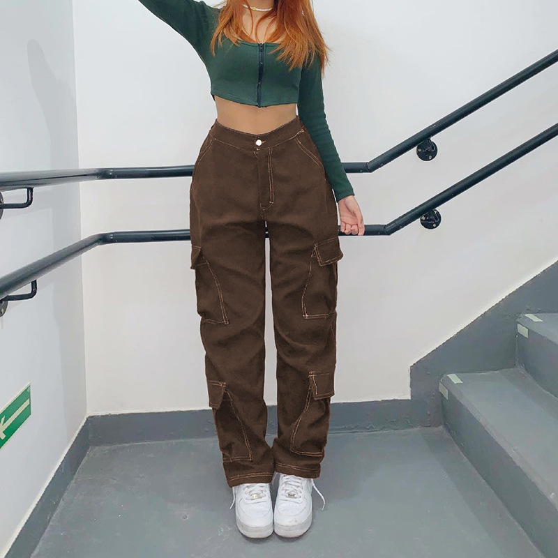 Women's Brown Straight Pants Cargo Style Multi Pocket Retro Low Waist