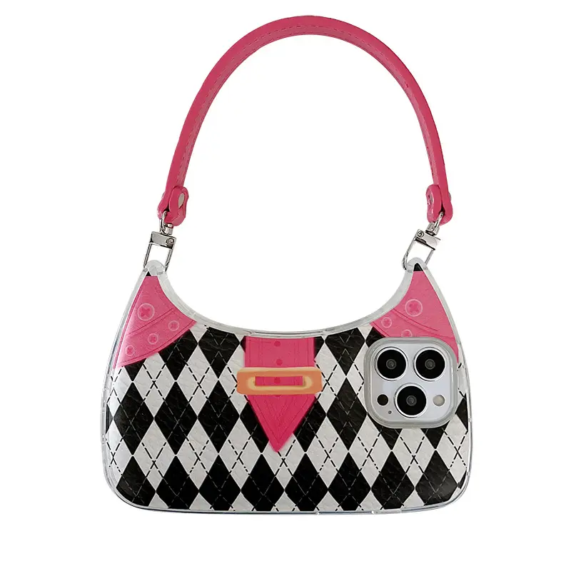 Black And White Diamond Lattice Handbag Shape Phone Case