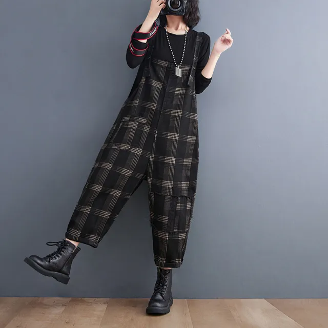Autumn And Winter Large Size Grid Braces Sling Jeans Female Black - Shop at LoveMi