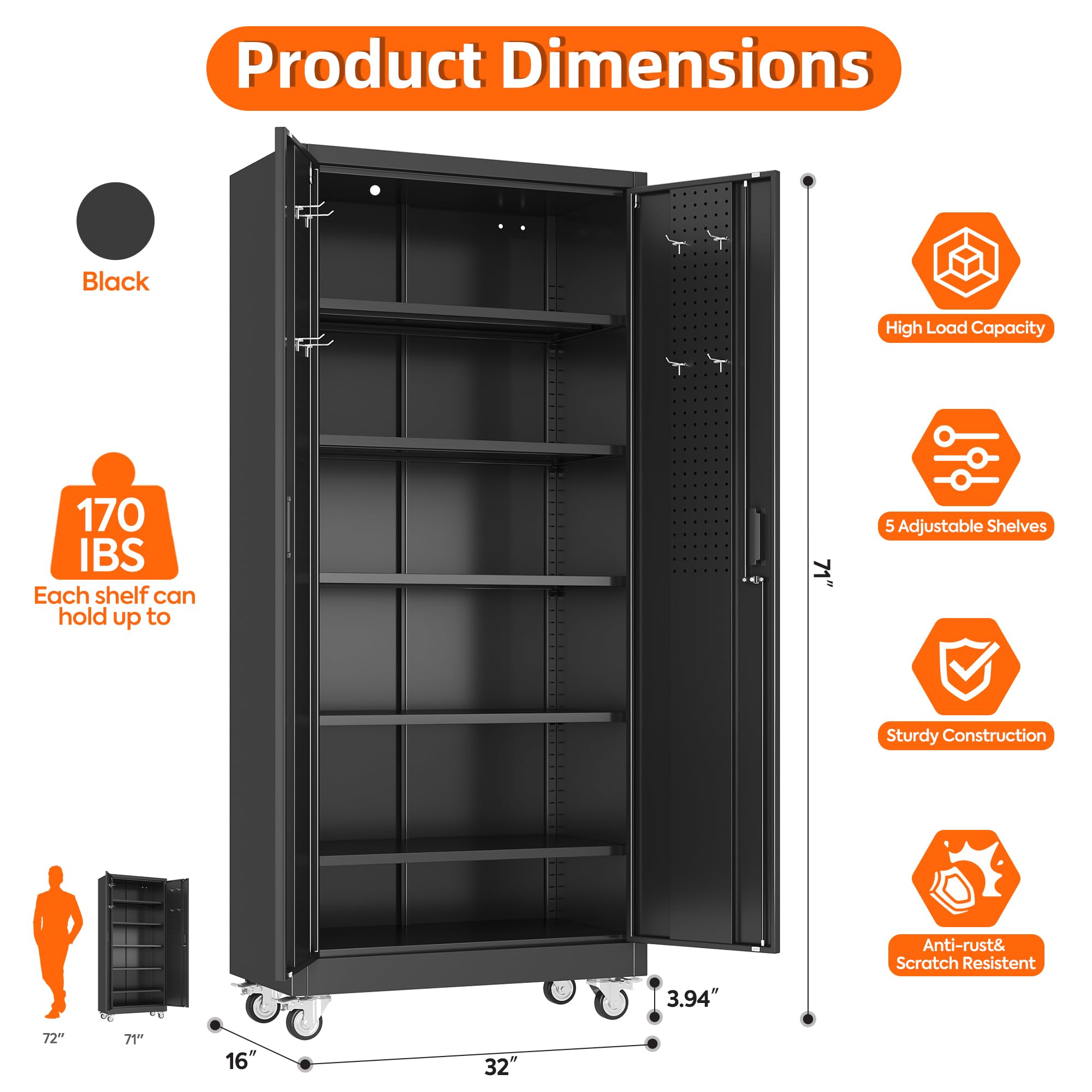 Aobabo Metal Storage Cabinet With Wheels And Door Pegboard Garage And Business Storage For Tools And Office Supplies 5 Adjustable Shelves, Lockable Black Cabinet — foto 8