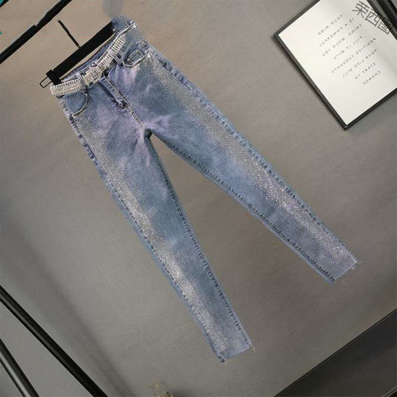 Fashion Stretch Thin Jeans With Hot Rhinestones