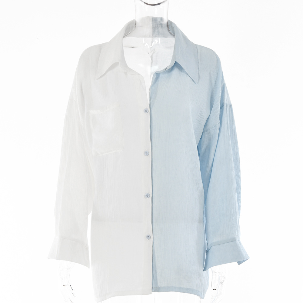 Contrasting Color Long-sleeved Lapel Shirt Top