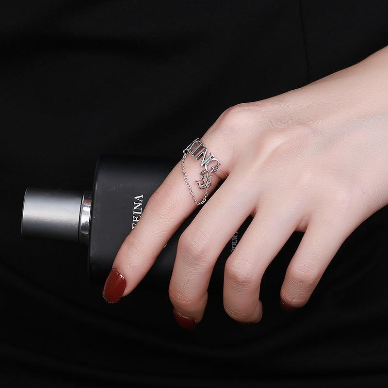 Sterling Silver Creative Street Letter Stitching Pendant Tassel Ring