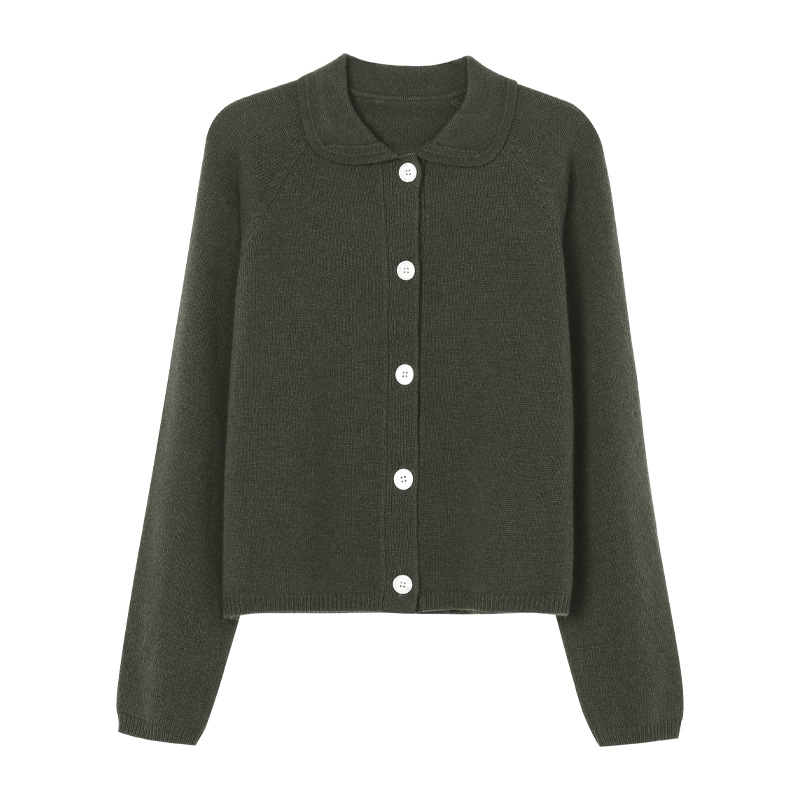 White Lapel Knitted Cardigan Loose Solid Color