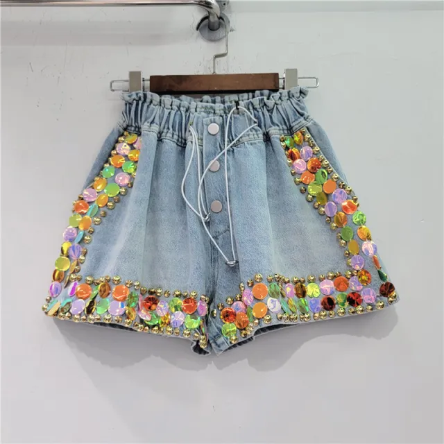 Handmade Studded Colored Diamond High Waisted Shorts Blue - Shop at LoveMi