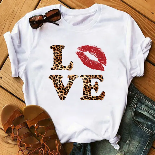 LOVE Leopard Print Lips Short sleeved Top Bottoming Shirt C - Shop at LoveMi