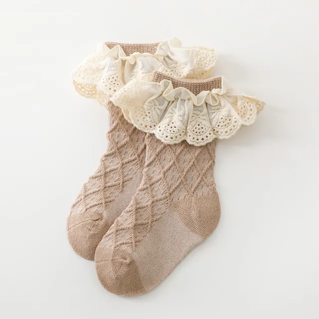 Korean Solid Lace Girls' Medium Tube Socks Brown - Shop at LoveMi