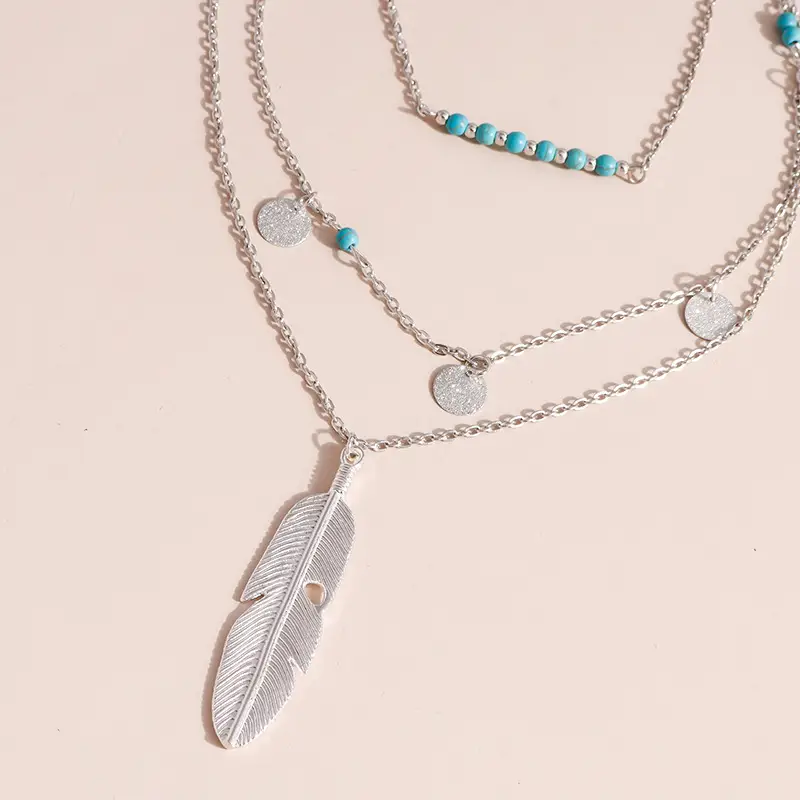 Women's Fashion Metal Feather Pendant Layered Necklace