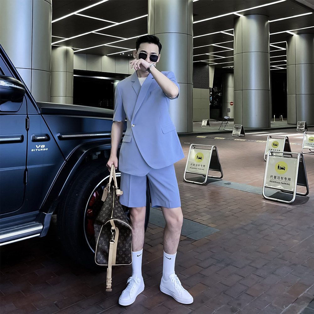 Men's Solid Color Short-sleeved Shorts Suits, Trendy Men's High-profile Solid Color Suits