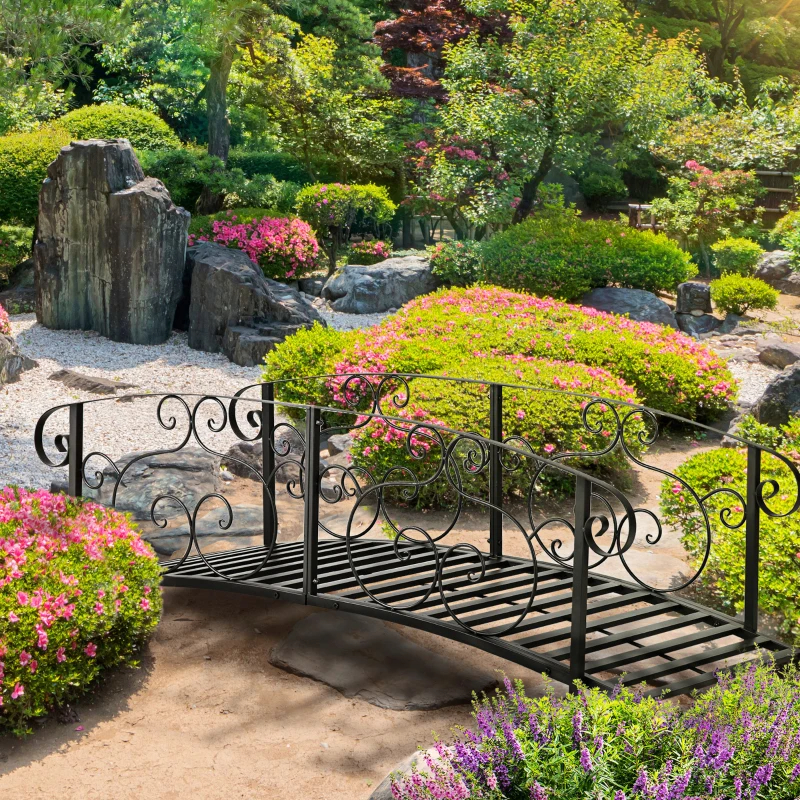 6' Metal Arch Backyard Garden Bridge, Safety Siderails, Arc Footbridge For Backyard Creek, Stream, Pond, Black