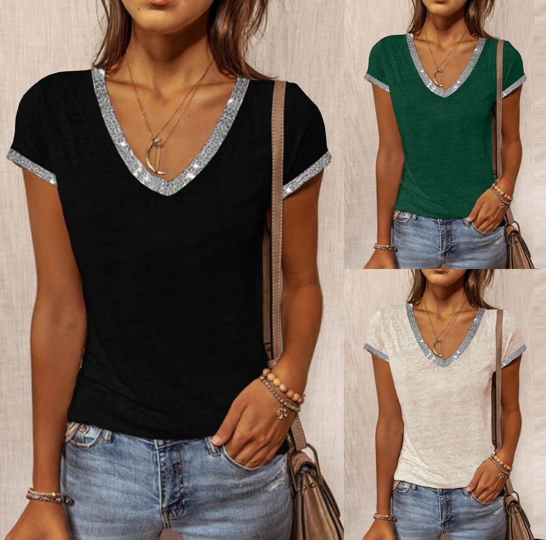 Women's Summer V-Neck Contrast Color Slim Short-Sleeved T-Shirt