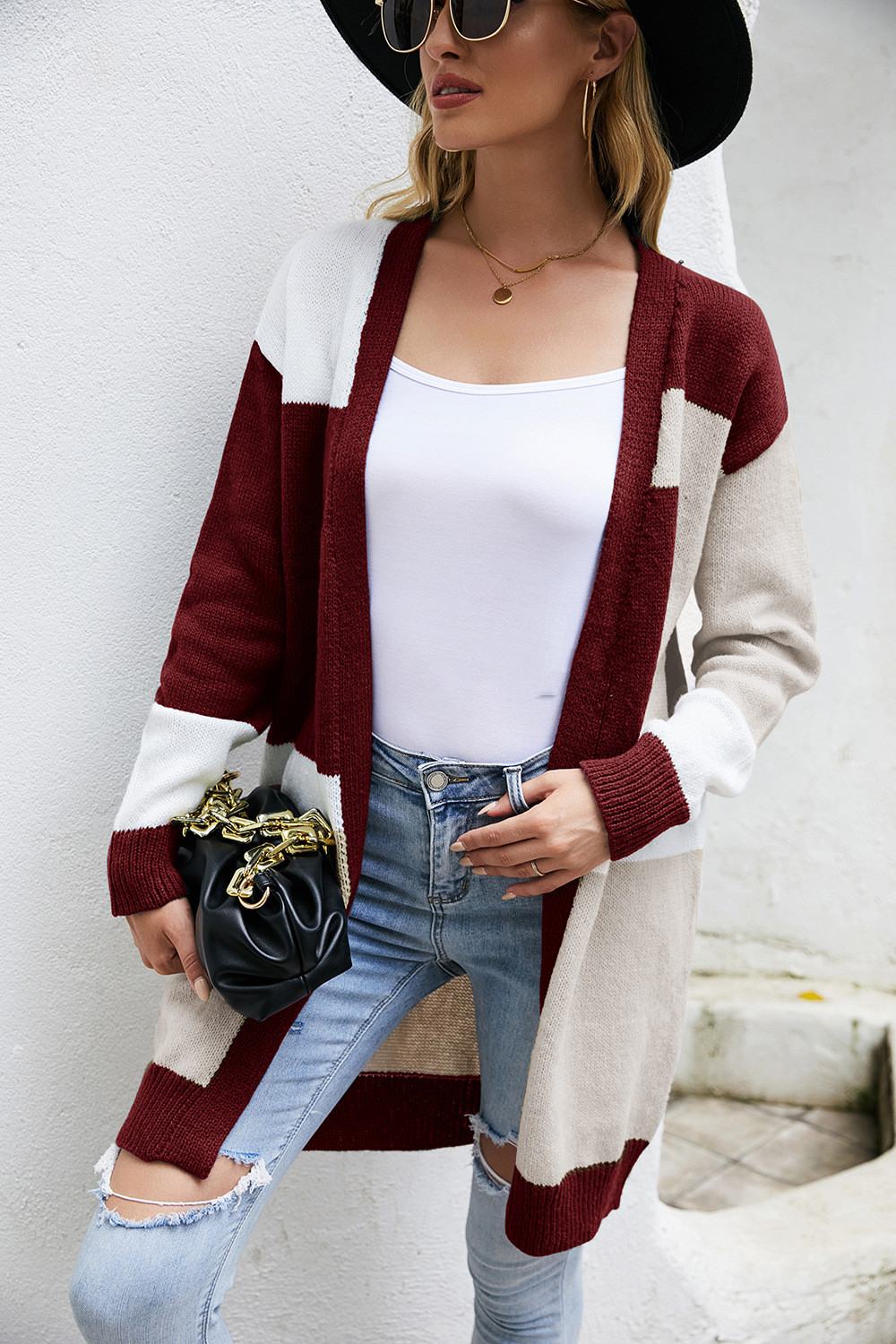 Title 4, Loose Plus Size Color Block Knitted Jacket