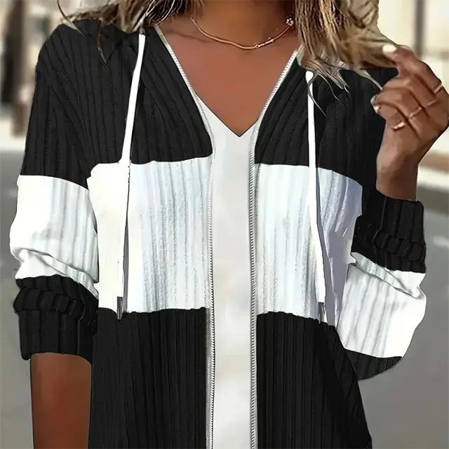 Women's Long Sleeve Color Block Zip Up Hooded Hoodie Jacket Drawstring Ribbed For Spring & Fall Casual Black - Shop at LoveMi