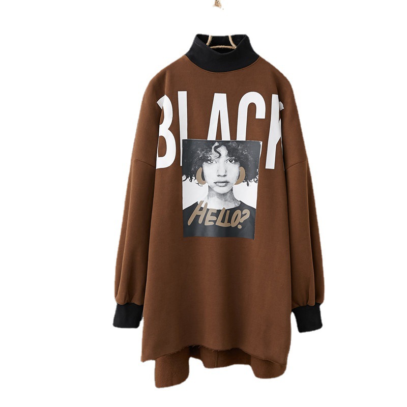 Mid Length Lettering Half Turtleneck Loose Oversized Top