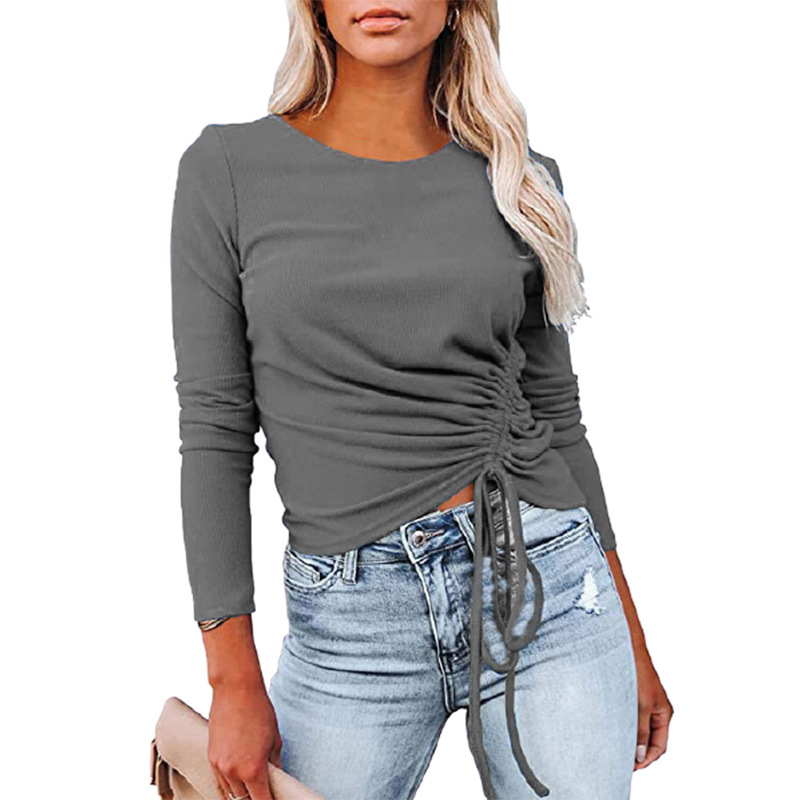 Rib Solid Color Long Sleeve Round Neck Drawstring Fashion T shirt Women Grey - Shop at LoveMi