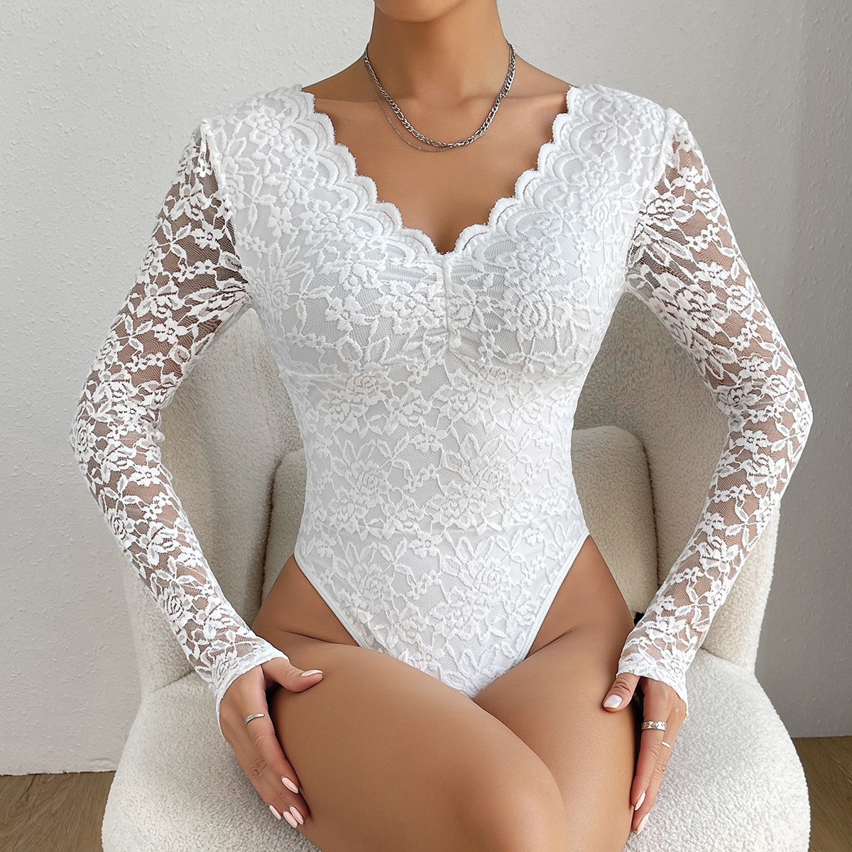 Title 18, Solid Color Lace Long Sleeve Hot Girl See-throu...