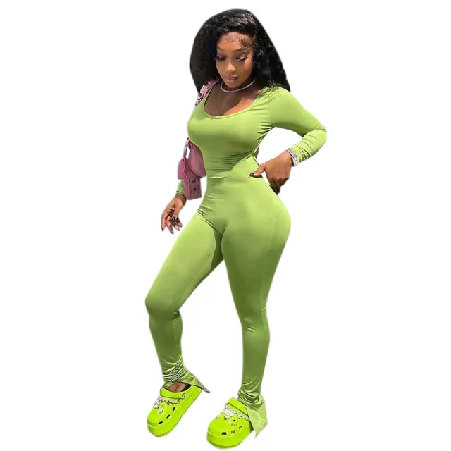 Women's Slim U neck Backless Shrink Pleated Jumpsuit Green - Shop at LoveMi