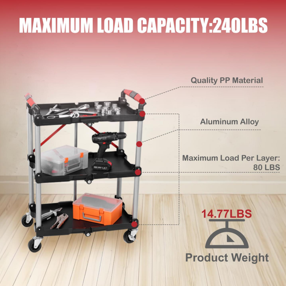 Foldable Utility Service Cart, 3 Shelf Heavy Duty Plastic Rolling Cart With... 3