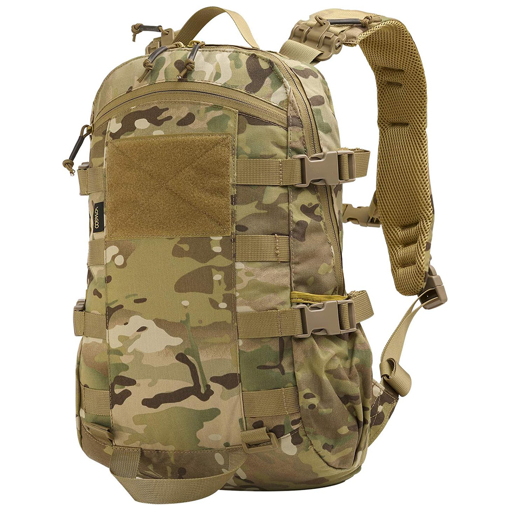 Tactical military hiking backpack pack made from high-strength, water-repellant 500D nylon. Features external front and side web molle, adjustable and detachable shoulder strap, and 20L capacity with multiple compartments. Ideal for outdoor activities suc