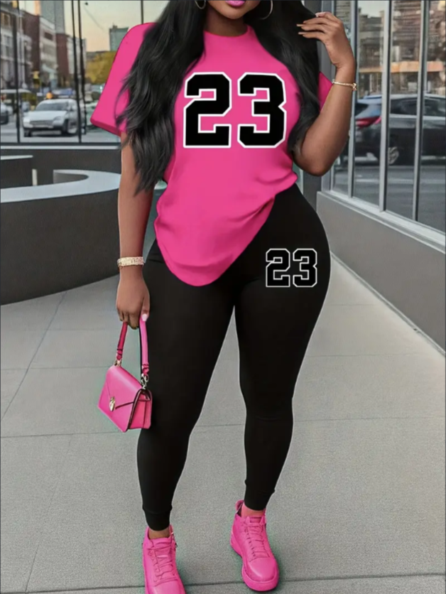 Women's Alphabet Printed Round Neck T-Shirt And Leggings Set