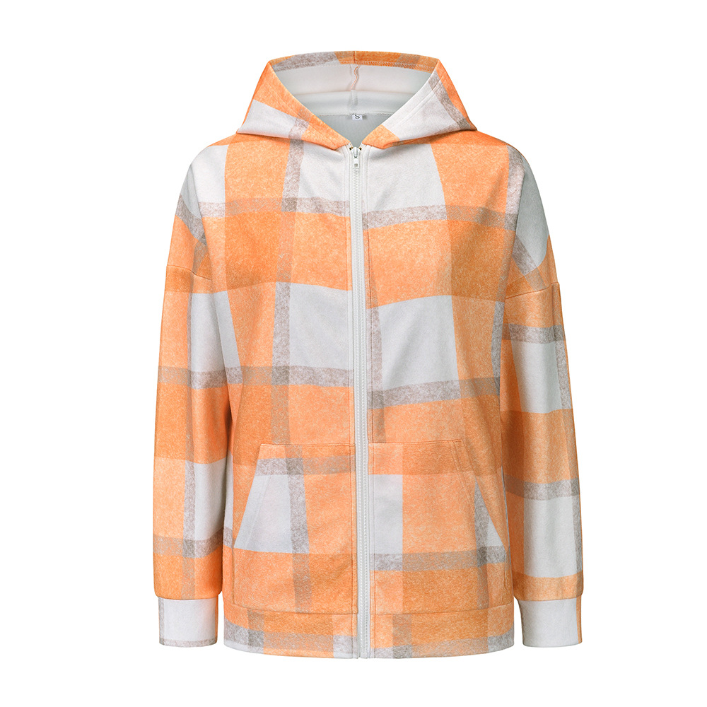Loose Check Woolen Multicolor Hooded Zipper Warm Blouse