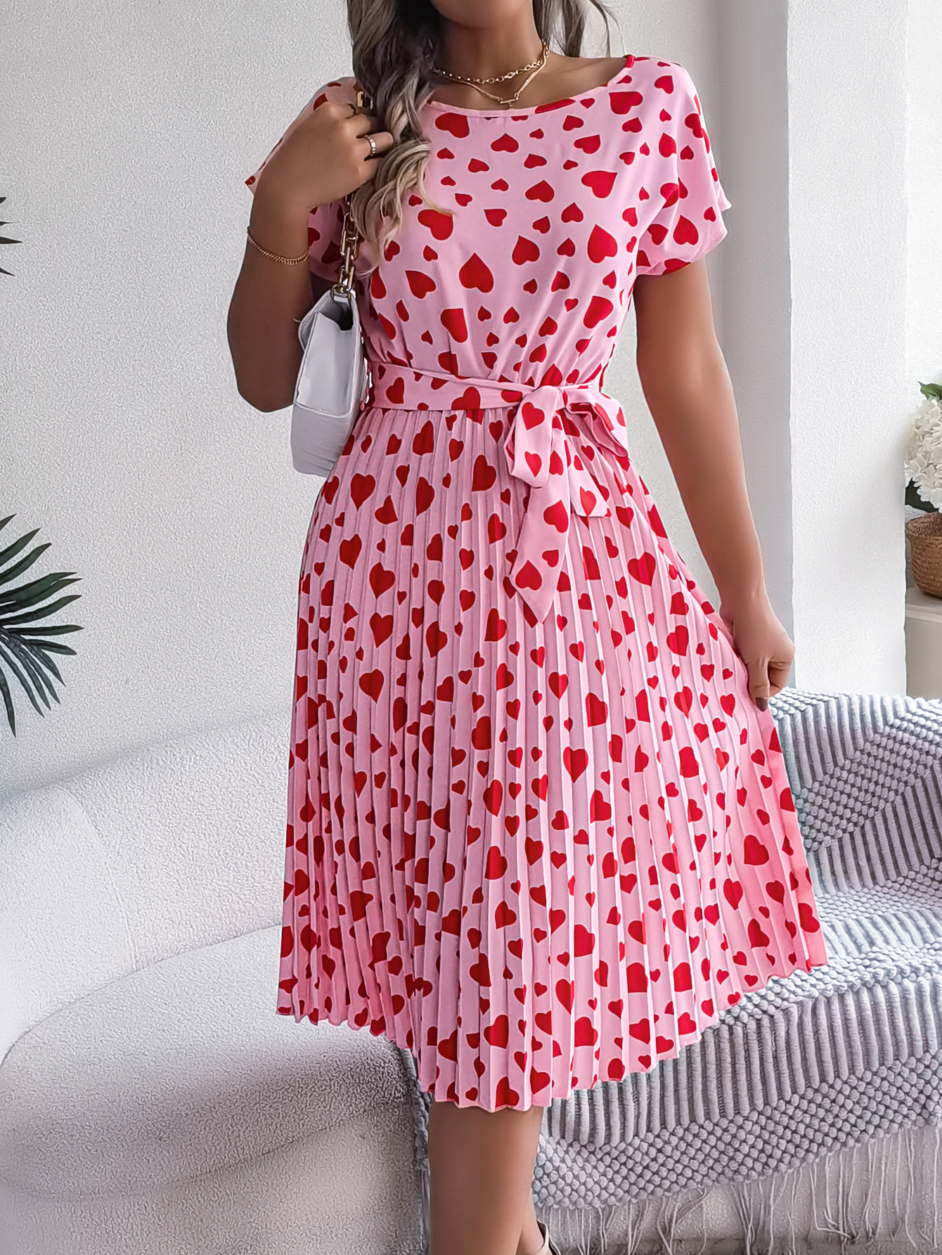 Women’s Casual Color Block Heart Print Short Sleeve Tie Waist Pleated Dress