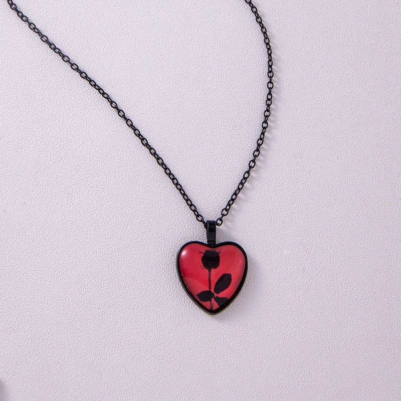 Gothic Black Rose Flower Heart Pendant Necklace