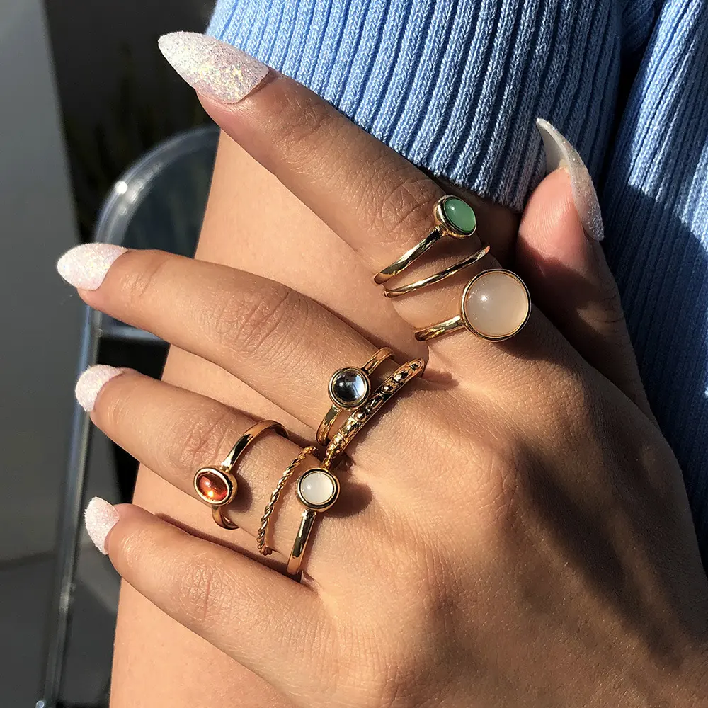 Colorful Stone Metalic Finger Rings Joint Combination for Women