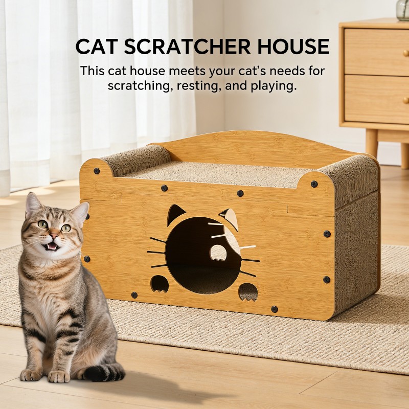 56cm Whisker Cat Shape Cat Scratcher Sofa, Wooden Cat Bed With Upper Scratcher & Lower Private Space, Cat Claw Care & Resting Toy