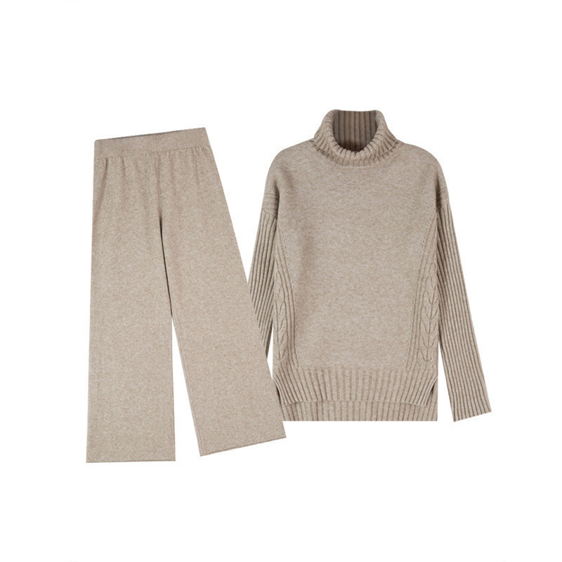 Two-piece Knitted Women's High Neck Split Sweater Wide Leg Pants