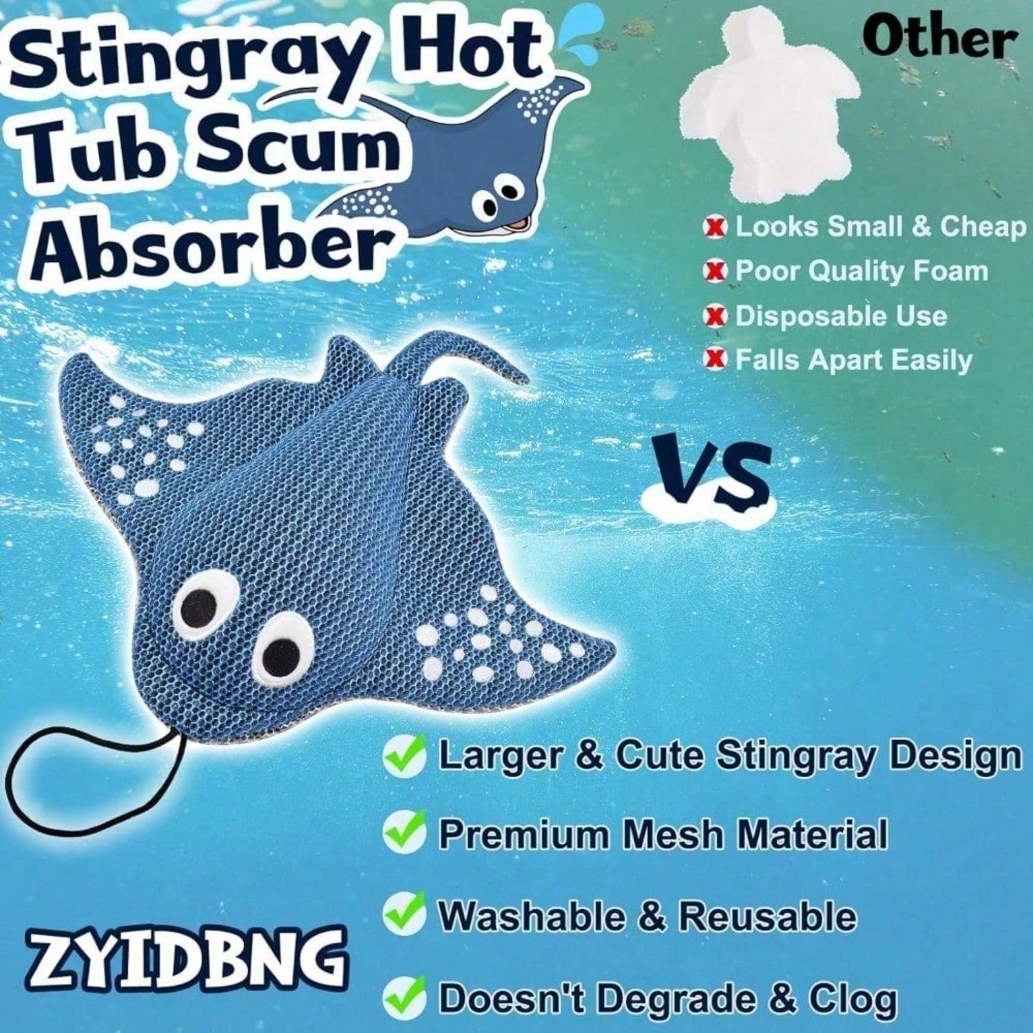 Stingray Turtle Design Floating Scum Cleaner, 3D Honeycomb Mesh Washable Reusable Sponge For Hot Tub Spa Pool Bathtub, Effectively Absorbs Oils Scum, Maintains Water Clarity And Extends Filter Life
