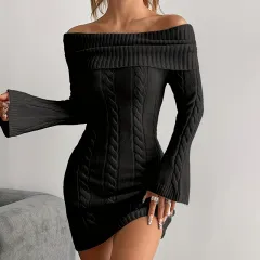 Women's Off Shoulder Bodycon Dress, Long Sleeve Mini Club Dress, Elegant Party Fitted Short Dresses - Black - View 1