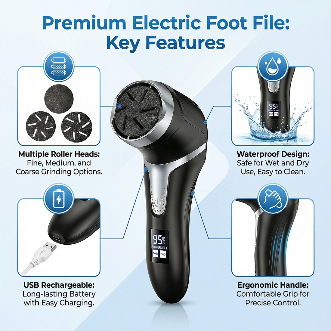 Electric Foot File Waterproof Hard Skin Remover Feet Pedicure Set Rechargeable