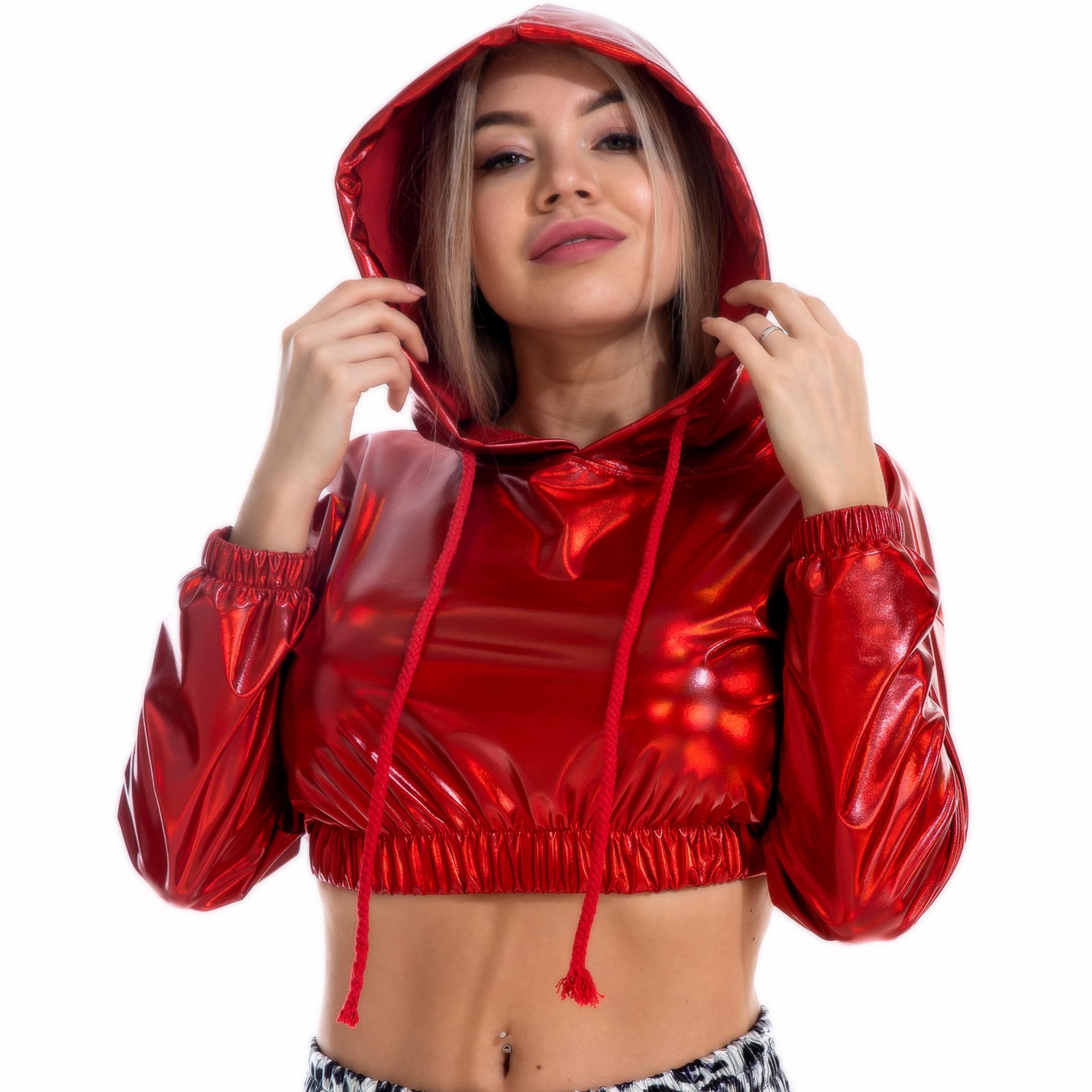 Bright Leather Sexy Long-sleeved Hooded Pullover Short Sweater