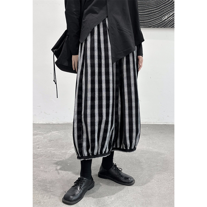 Elastic Waist Loose Stripe Dark Grid Contrast Lantern Wide Leg Casual Pants For Women