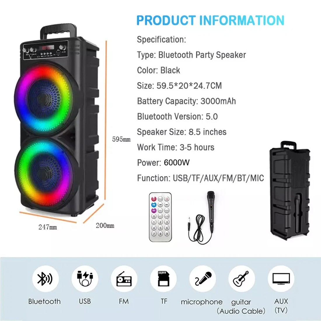 Portable Bluetooth Speaker Sub Woofer Heavy Bass Sound System Party Mic UK 8